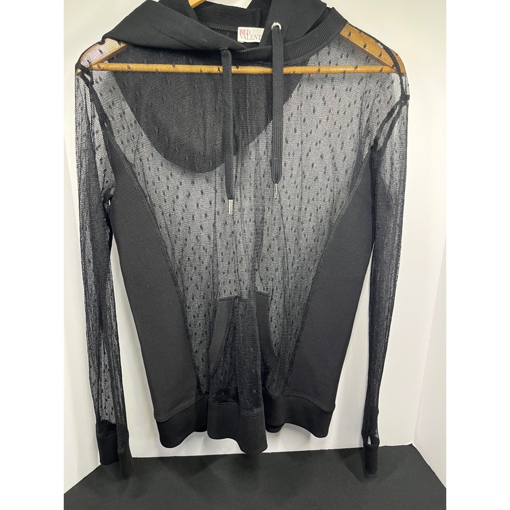 Red Valentino Black Point d'Esprit Mesh Hoodie TR3MF02T4WU Womens Size M